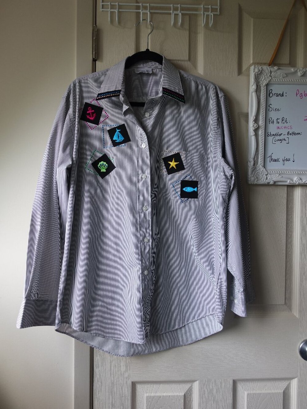 Button-Down Stripe Shirt with Nautical Patch Accents - White/Black